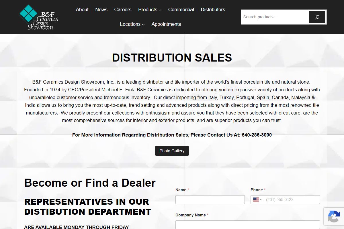 The B&F Ceramics distribution sales page with the Become or Find a Dealer form
