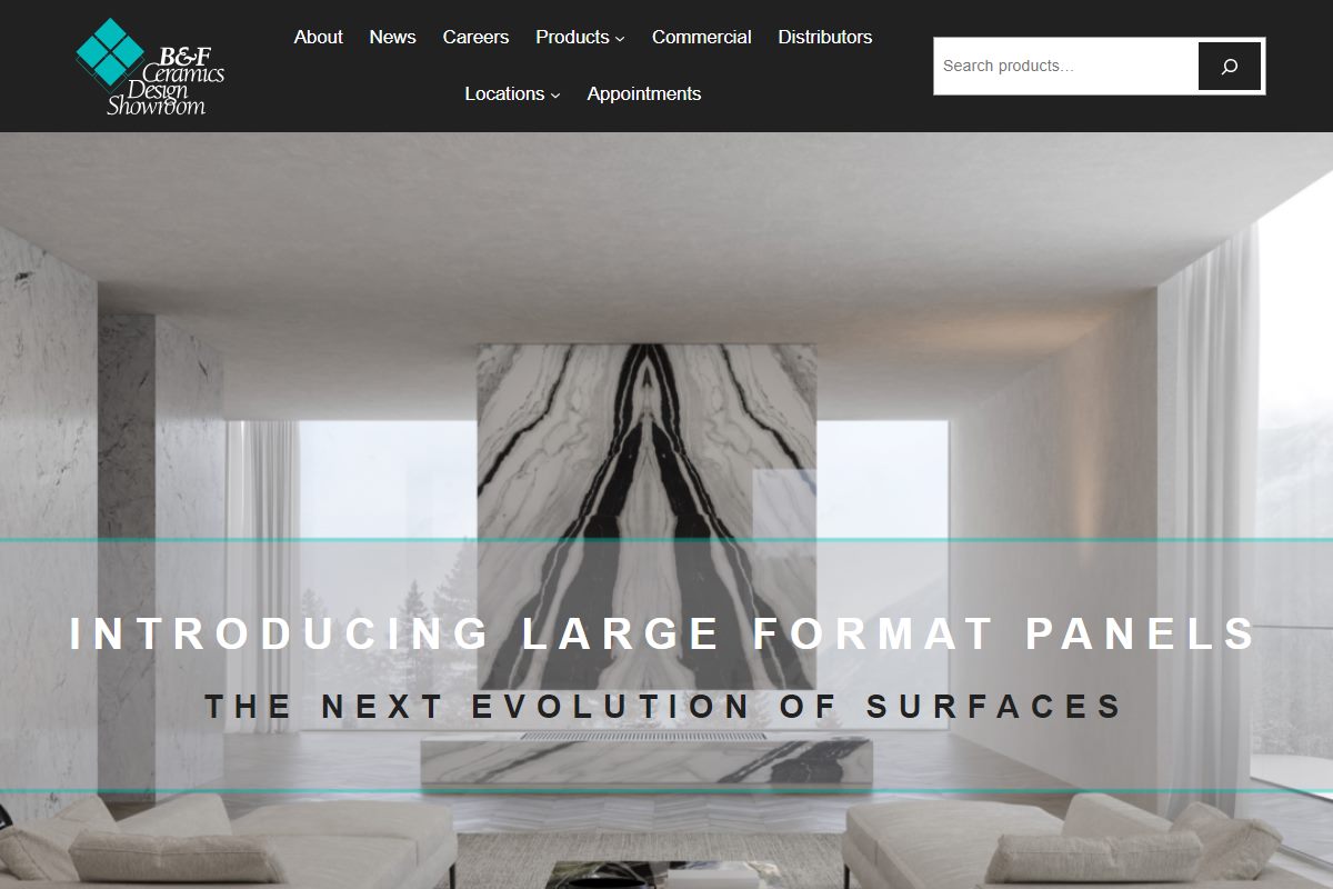 The B&F Ceramics homepage introducing large-format panels