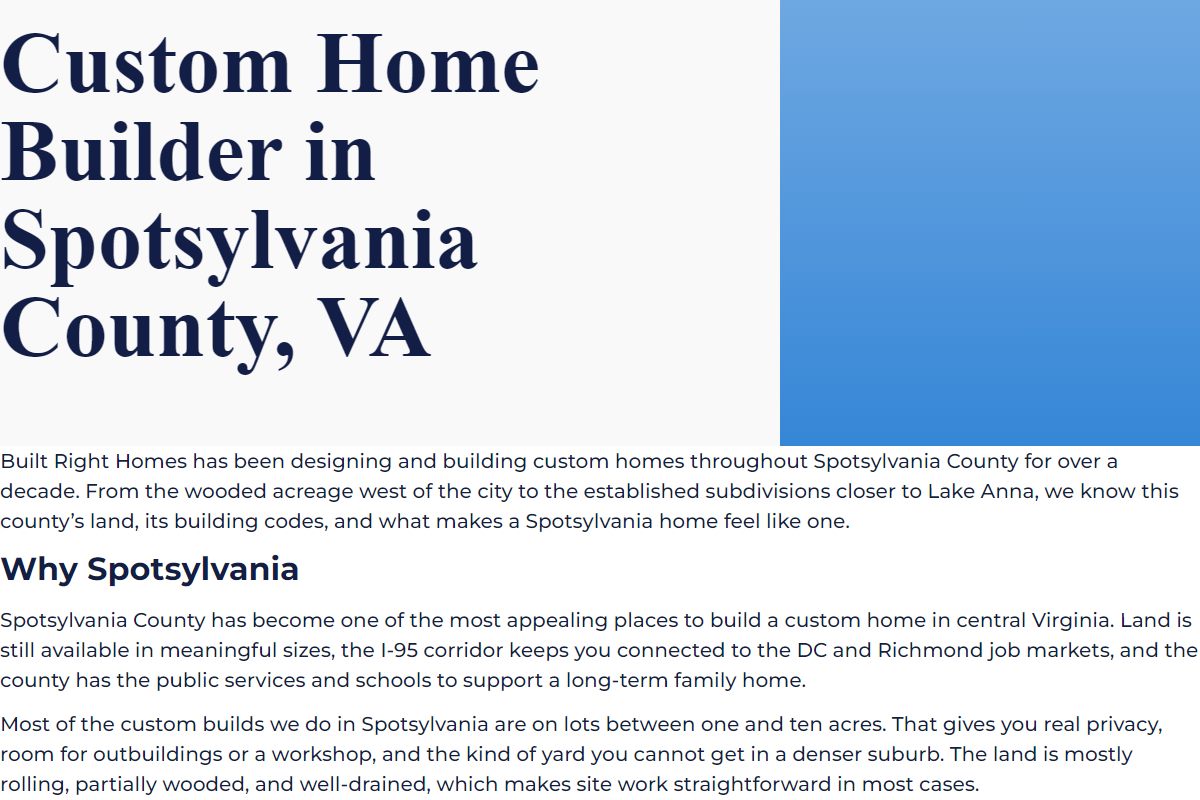 The Custom Home Builder in Spotsylvania County, VA landing page