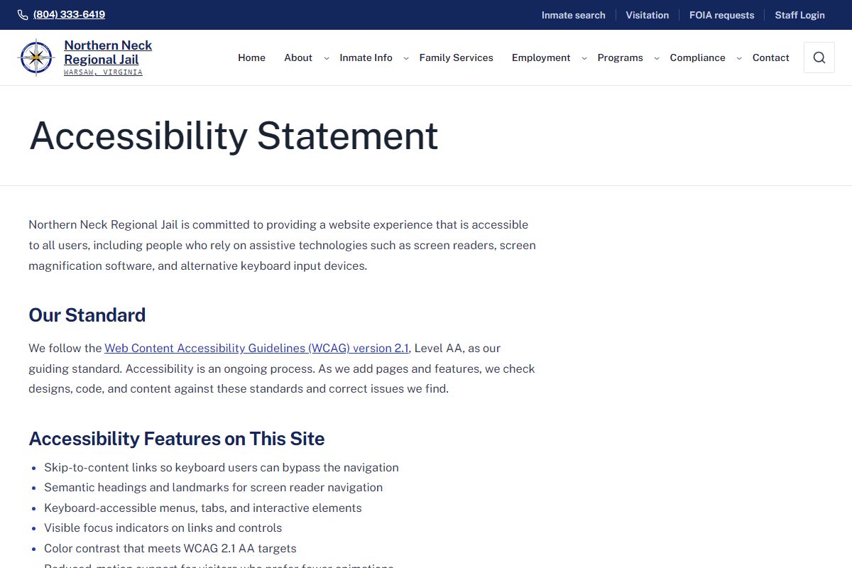 The Northern Neck Regional Jail accessibility statement page