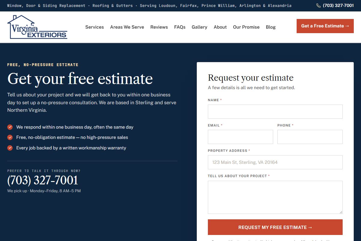 The Virginia Exteriors free-estimate page with its four-field request form