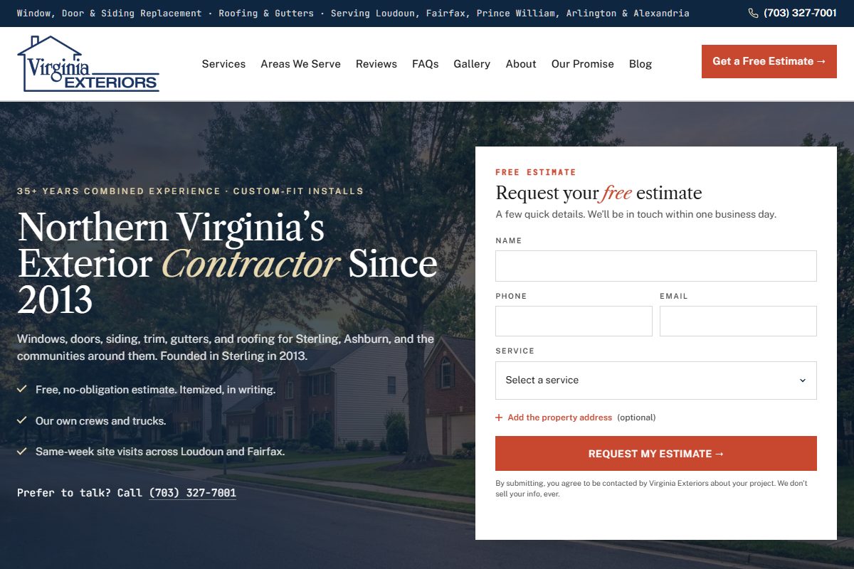 The Virginia Exteriors homepage: hero headline beside the estimate request form